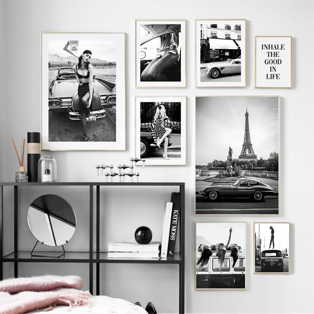 Classic Race Car Fashion Girl Paris Black White Wall Art Canvas Painting Nordic Poster Print Wall Picture Living Room Home Decor