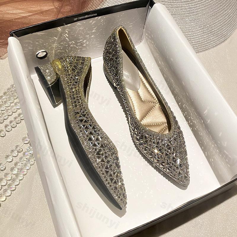 Chaussures à Talons Hauts pour Femmes 2026 Automne Bas Talons Strass Luxe Bout Pointu Paillettes Mode Extérieur Décontracté Banquet Fête Mariage