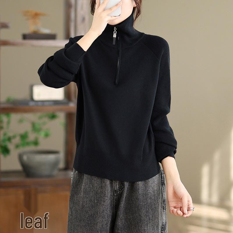 Autumn/Winter 2025 Women's High Neck Zipper Knit Sweater - Japanese Korean Style