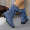 2025 Fashion Women Denim Round Toe Turkey Boots Femme Buckle Decor Midi High Ankle Boots Party Workwear Party Shoes Korean