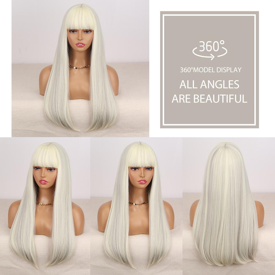 XINRAN Synthetic Long White Wigs with Bangs Cosplay Straight Wigs with Brown Highlight Natural Fake Hair for Women