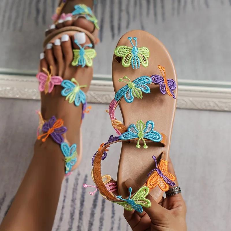 2025 Summer Women Sandals Sweet Boho Bow Decoration Sandals Leather Flat Sandals Plus Size Women Beach Holiday Shoes Zapatos