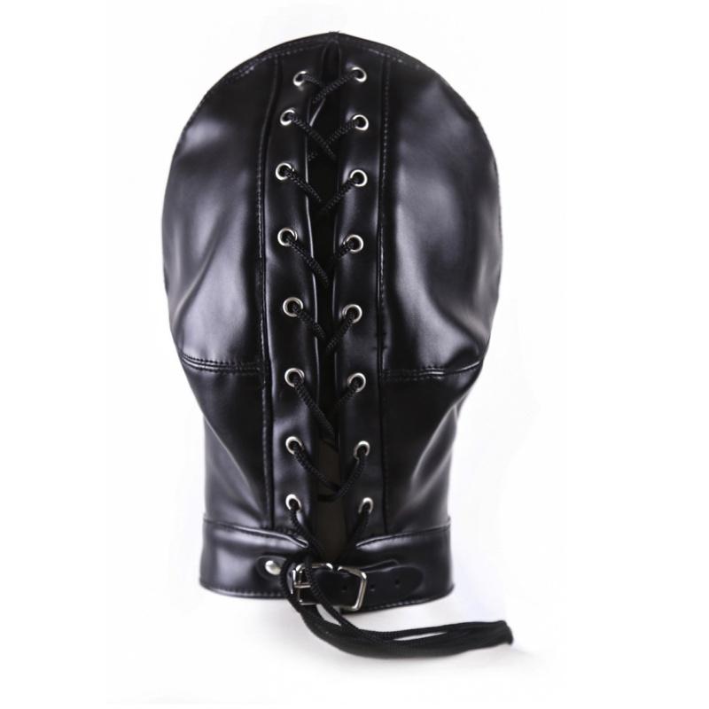 Unisex Damen Herren Cosplay Gesichtsmaske Halloween Sexy PU Leder Kordelzug Vollmasken Kapuze für Rollenspiel Kostüm Kopfbedeckung