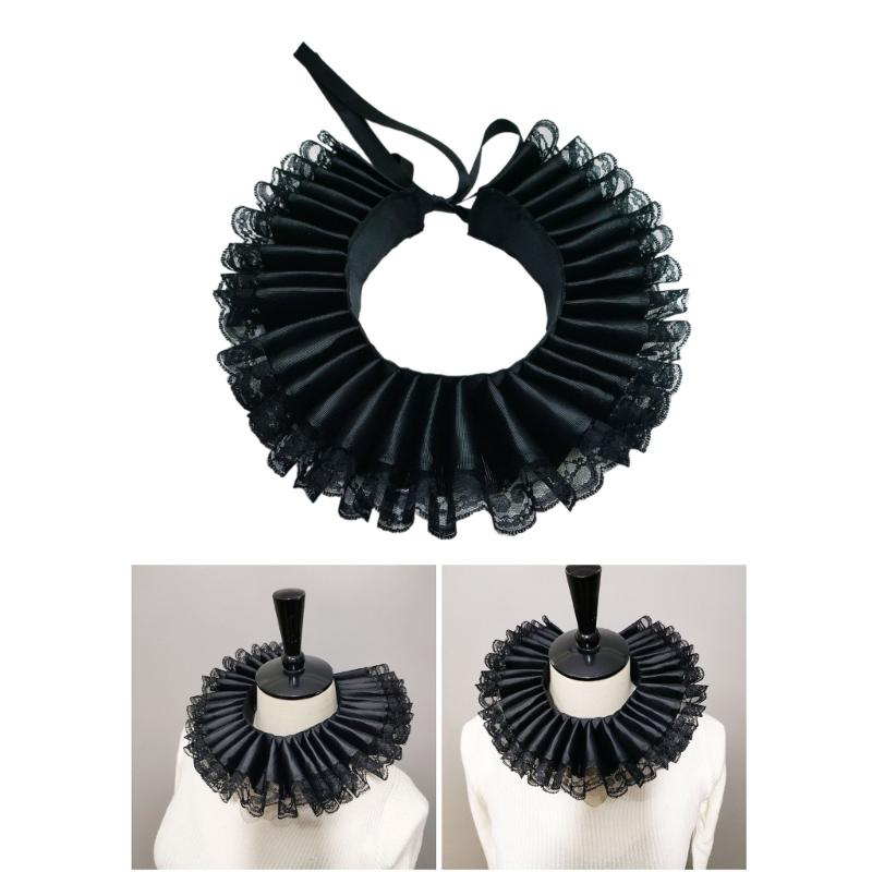 Women Girls Ribbon Tie Ruffled False Collar Victorian Renaissance Lace Trim Necklace for Halloween Costume Parties