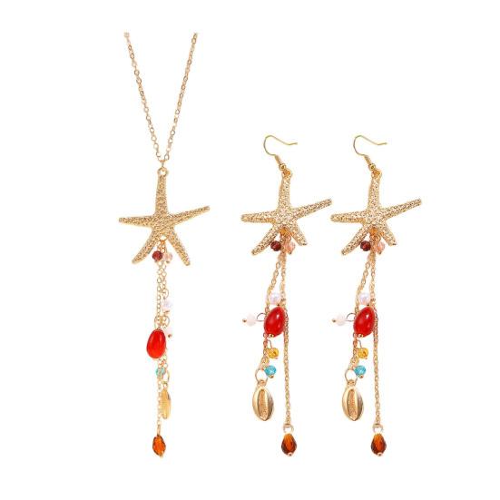 Bohemian Sea Star Shell Jewelry Set Beach-Inspired Necklace Earrings with Rhinestone Tassels Elegant Gift for Women Summer Beach Jewelry