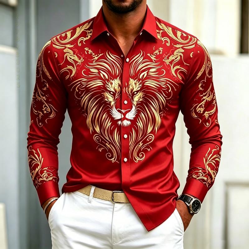 High Quality Men's Shirt Long Sleeved Shirt Solid Color Lion Head Print Design Baroque Business Casual Top Fabric Comfortable