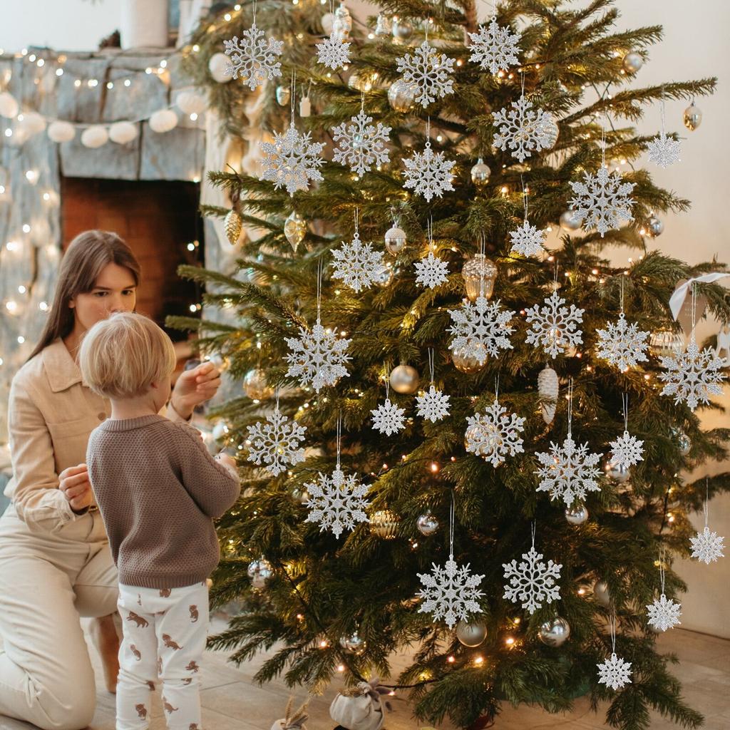 Vánoční dekorace, Bílé sněhové vločky, Plastové třpytivé sněhové vločky, Ozdoby na vánoční stromek