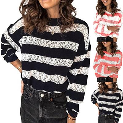 Damen Patchwork Aushöhlen Langarm Pullover Bluse Strickpullover