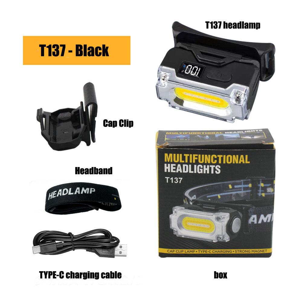 

Легкая уличная рабочая фара с магнитным зажимом для шляпы, 6 режимов освещения, налобный фонарь для туризма, кемпинга, рыбалки с цифровым дисплеем T137-Black