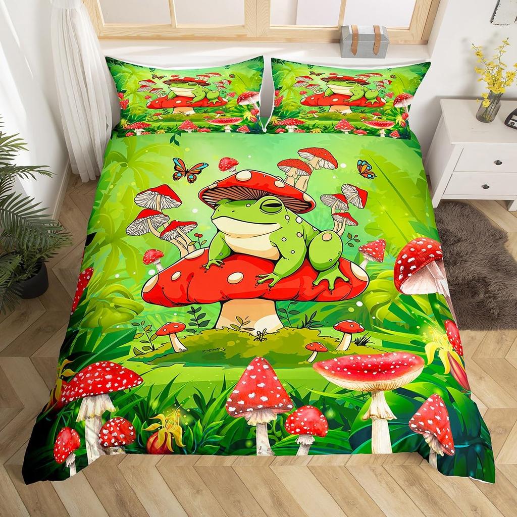Cartoon Mushroom Frog Duvet Cover Twin Size,Cute Kawaii Green Animal Comforter Cover Maple Leaves Hazelnut Plant Quilt Cover