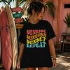 Retro Beach Shirt, Sunrise Sunset Repeat Graphic Tee, Coastal Summer Top