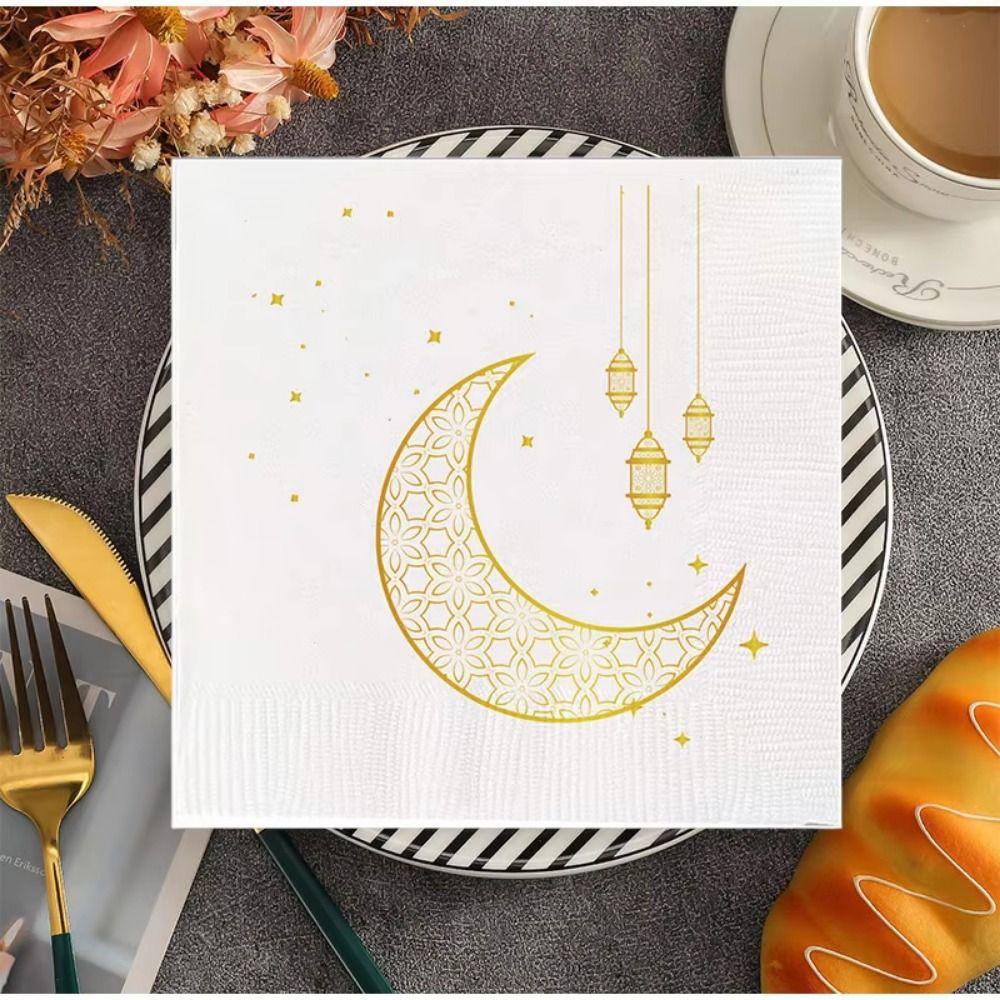 25Pcs Moon Printed Ramadan Party Napkins White Gold Islamic Tableware Paper Eid Celebrations