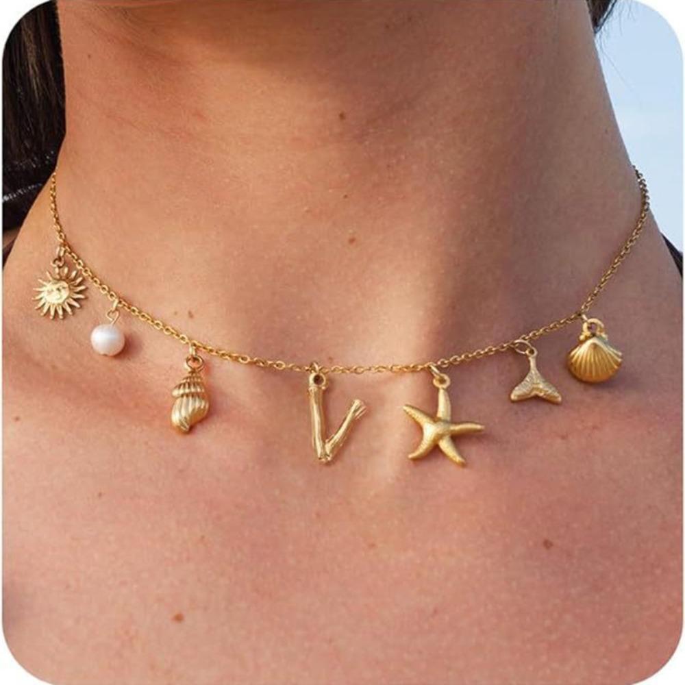 Gold Color Shell Necklace Copper Pearl Choker Simple Letter Pendant Necklace  Women