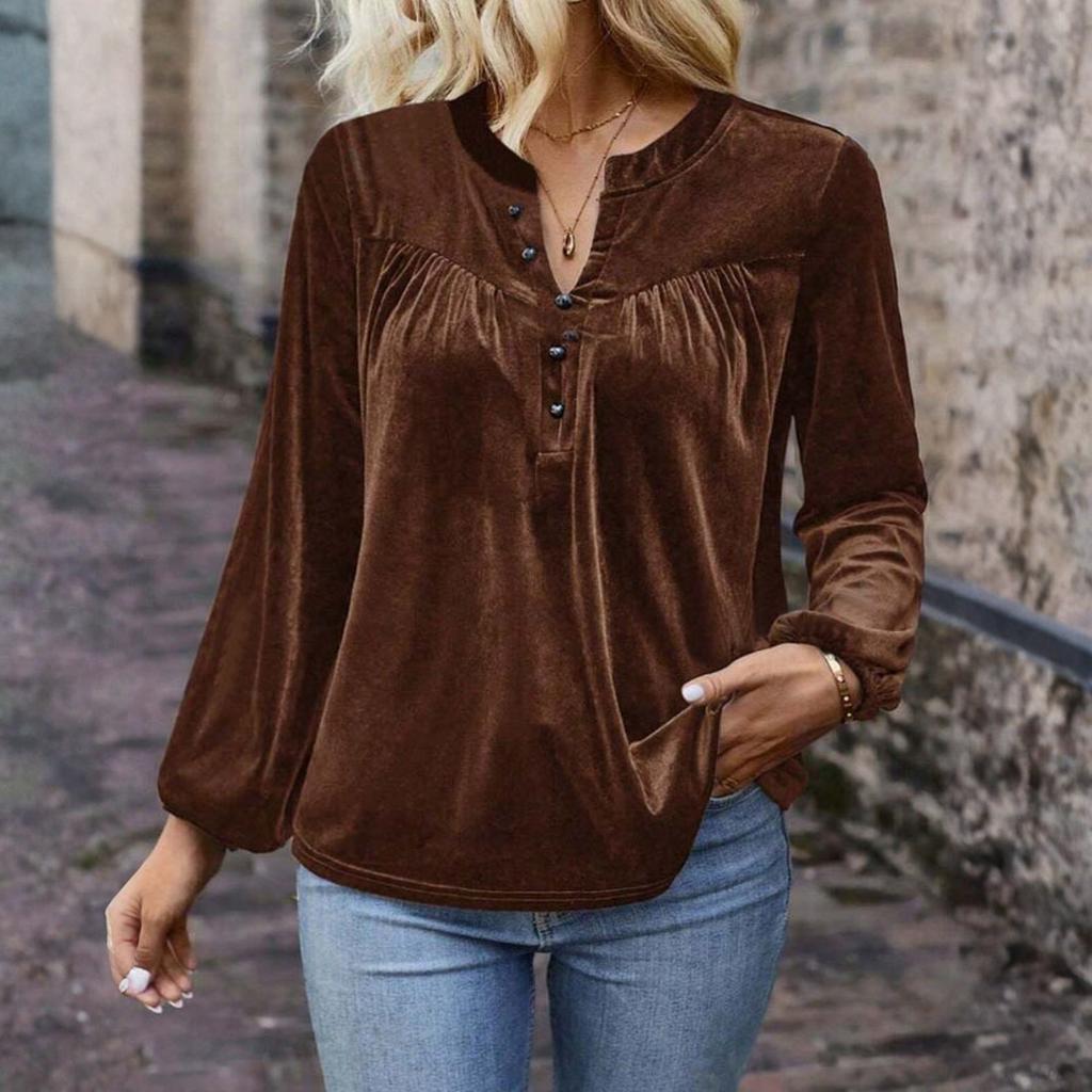 Women's Color V,Neck Casual Elegant Button Long,Sleeve Blouse