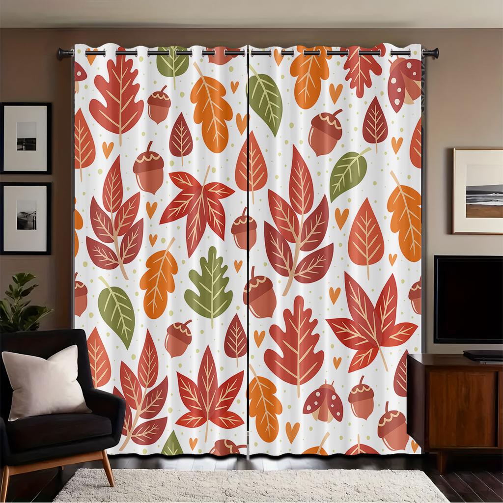 2pcs Autumn Leaf Print Perforated Blackout Curtains Multiple Size Living Room Bedroom Insulation Decoration   Easy Installation