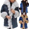 Winter Women Denim Jacket Faux Fur Trim Long Sleeves Color Matching Pockets Cold-proof