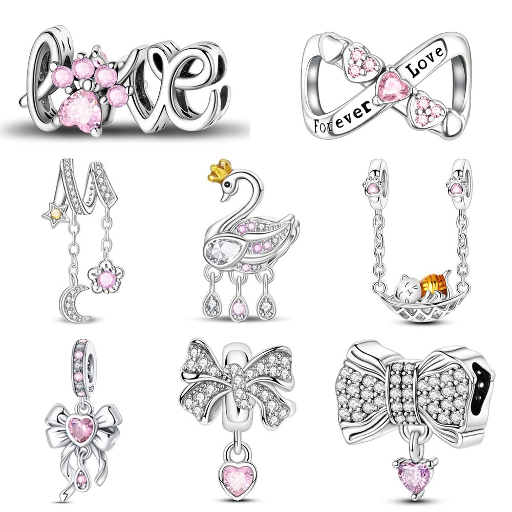 Pink Heart Shape Copper Wind Chimes Beads & Bows Dangle Charm Fits Bracelet Women'S Exquisite Jewelry Gifts