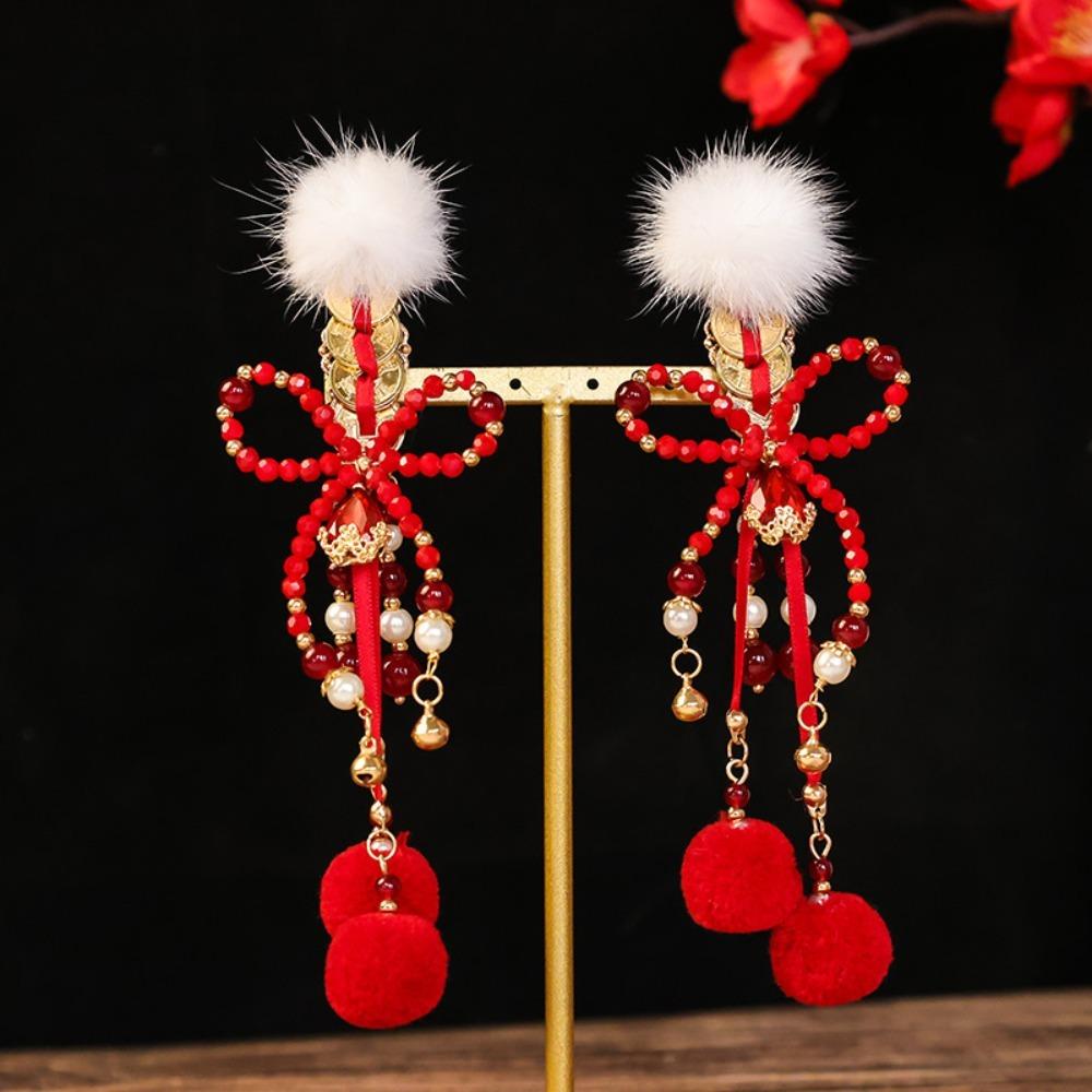 Fuzzy Ball Hanfu Hair Clip Pearl Girl Headdress Festive Chinese New Year Side Clip Photo Props