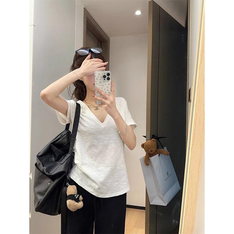 White V-neck bamboo cotton short-sleeved women's summer casual loose and comfortable bottoming top simple and versatile basic T-shirt