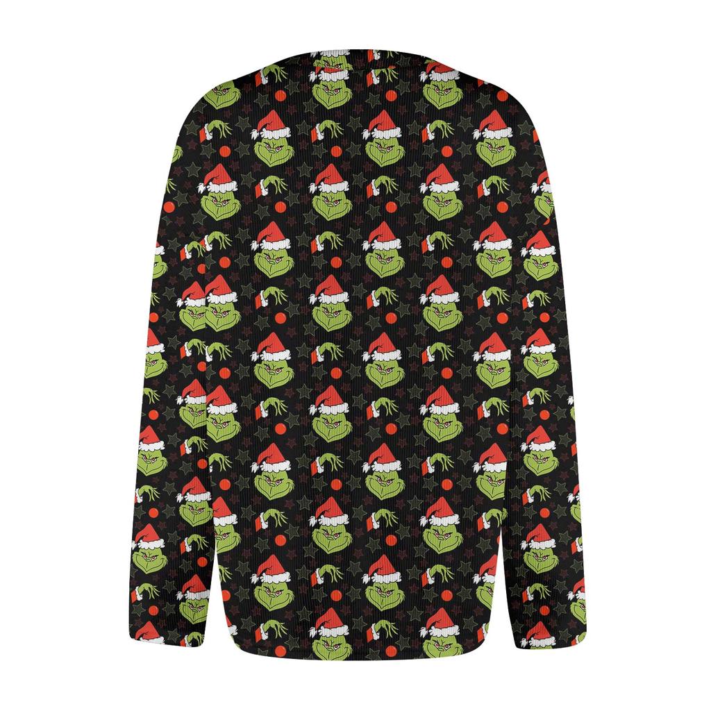 Women's Fashion Casual Knit Sweater Button-Up Christmas Print Cardigan Jacket