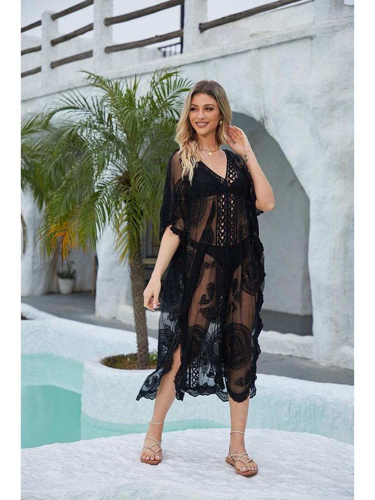 European & American Water-Soluble Embroidery Sexy Beach Cover-Up Shirt Dress for Women