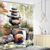 Stone Garden Shower Curtain Watercolor Lotus Waterfall Nature Spa Art Waterproof Polyester with 12 Hooks