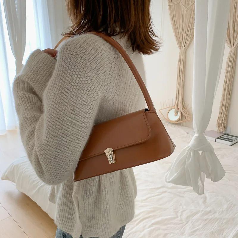 Fashi Retro Women's Shoulder Bag Simple Solid Colour Handbag Vintage Underarm Bag PU Material Flap Bag
