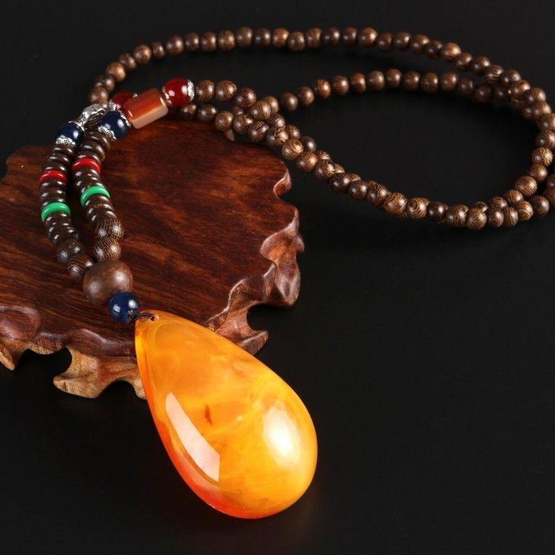 Unisex Retro Ethnic Wooden Necklace Pendant - Versatile Long Sweater Chain and Clothing Accessory