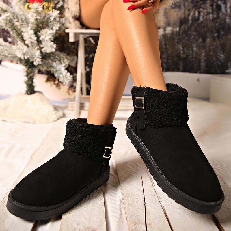 Fashion Buckle Decor Women's Platform Snow Boots 2025 Winter Non Slip Warm Plush Ankle Boots Women Comfort Slip On Cotton Shoes Woman