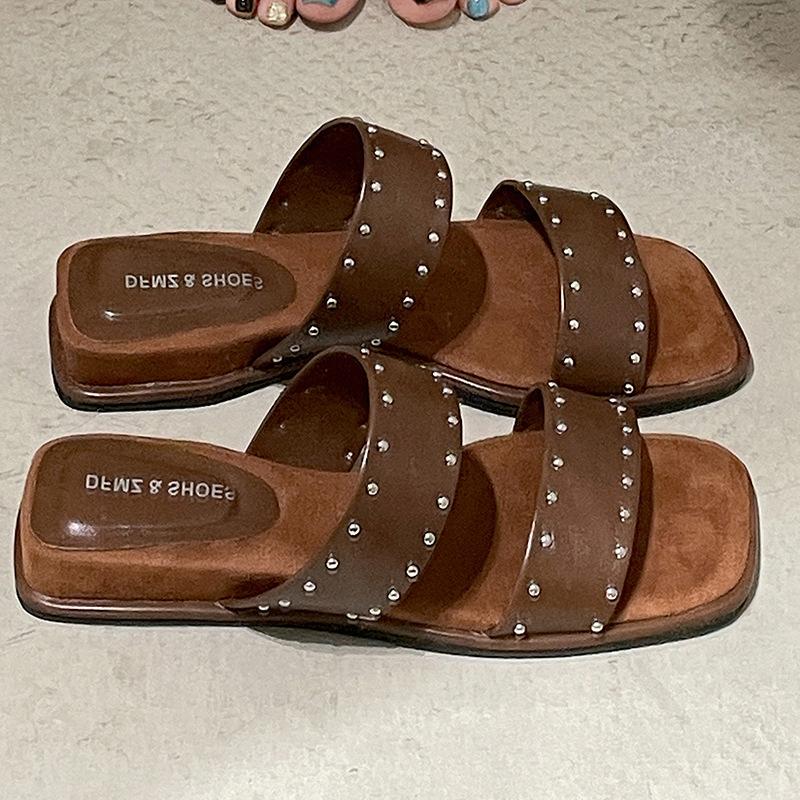 South In the South Black Retro Non-slip One-word Flat-bottomed Slippers for Women's Summer Wear 2025 New Square Head Cool Slippers