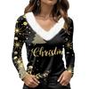 Women's Long Sleeve V-Neck Christmas Top with Collar, Snowflake and Christmas Tree Print
