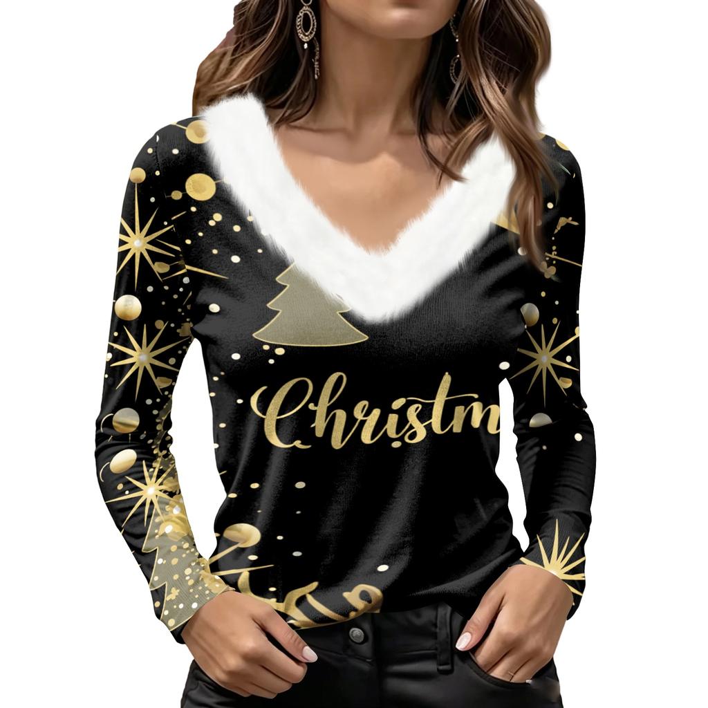 Women's Long Sleeve V-Neck Christmas Top with Collar, Snowflake and Christmas Tree Print