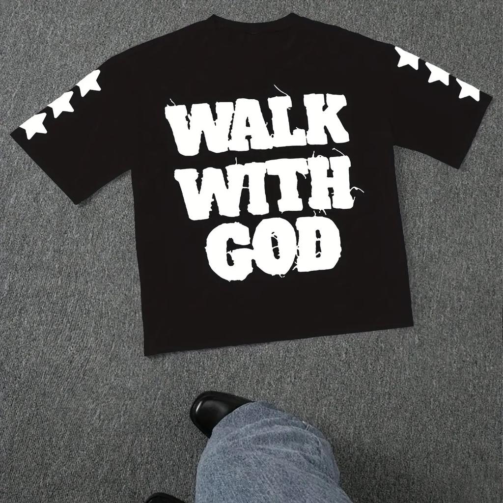 2025 Summer New Unisexs Black Walking with God Pattern TShirt Casual Short Sleeve White Letter Printing Starry Sky Design