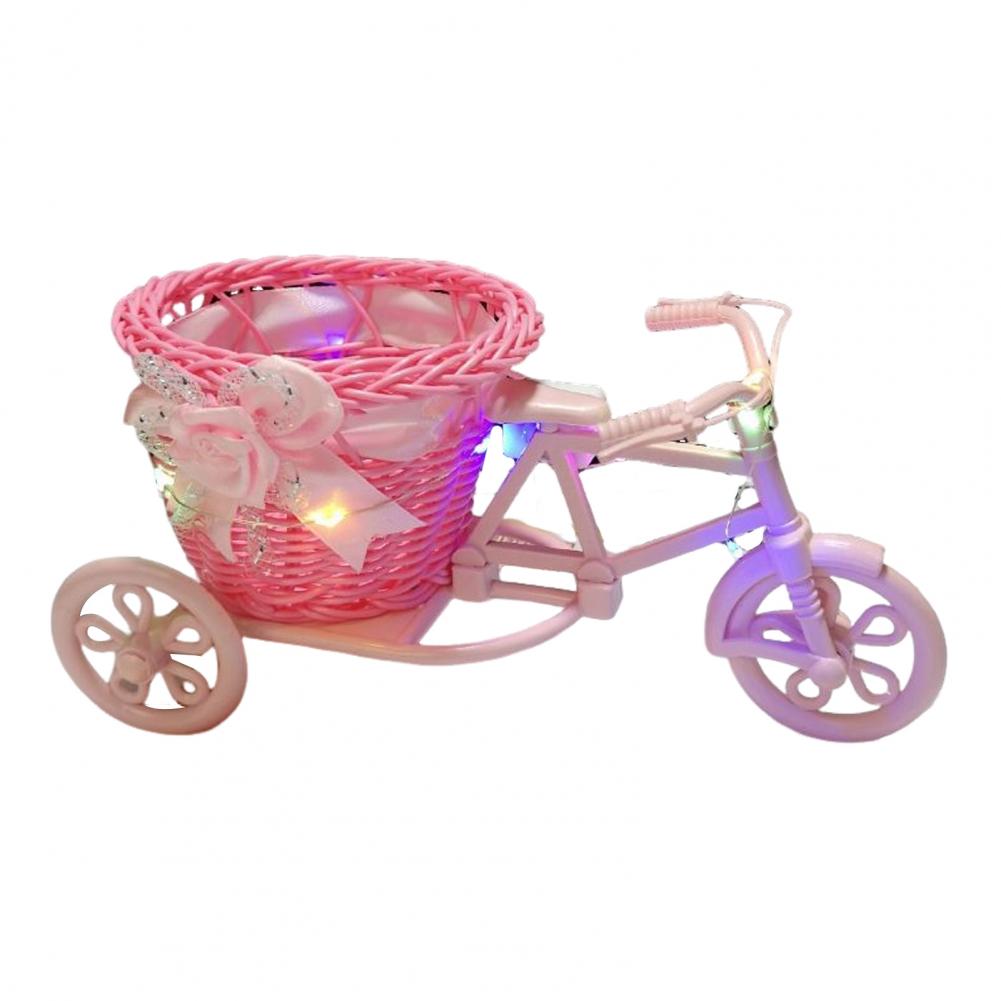 Mini Wicker Rattan Tricycle Trolley – Decorative Flower Basket with Artificial Blooms, for Home, Office, Wedding, Garden Decor