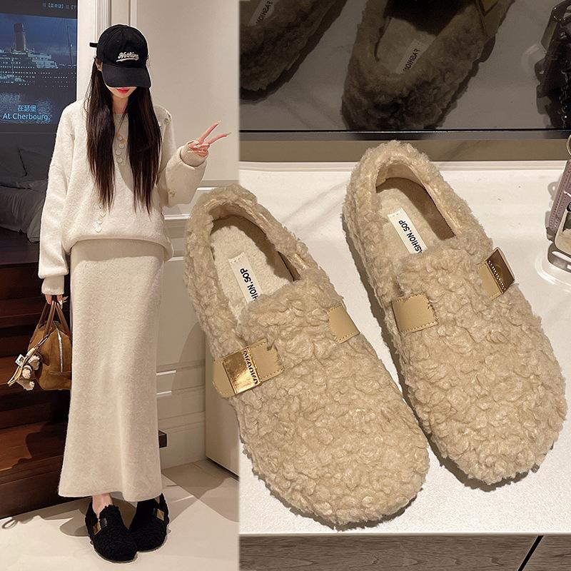 Flat bottom fluffy shoes women's winter plush lazy cotton shoes warm plush beanie shoes