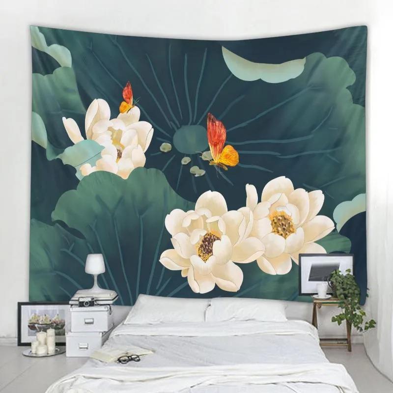 Home art decoration lotus leaf tapestry wall hanging bohemian hippie small fresh tapestry yoga mat large beach towel