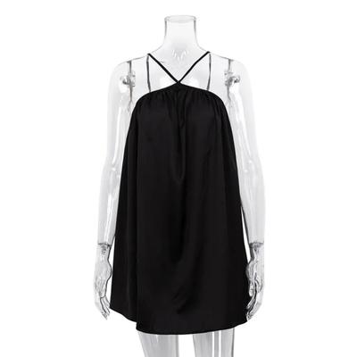 2024 Summer High Waist Sleeveless Sexy Dress Elegant Solid Color Backless Satin Dress Casual Halter Neck Slip Dress Women 28167