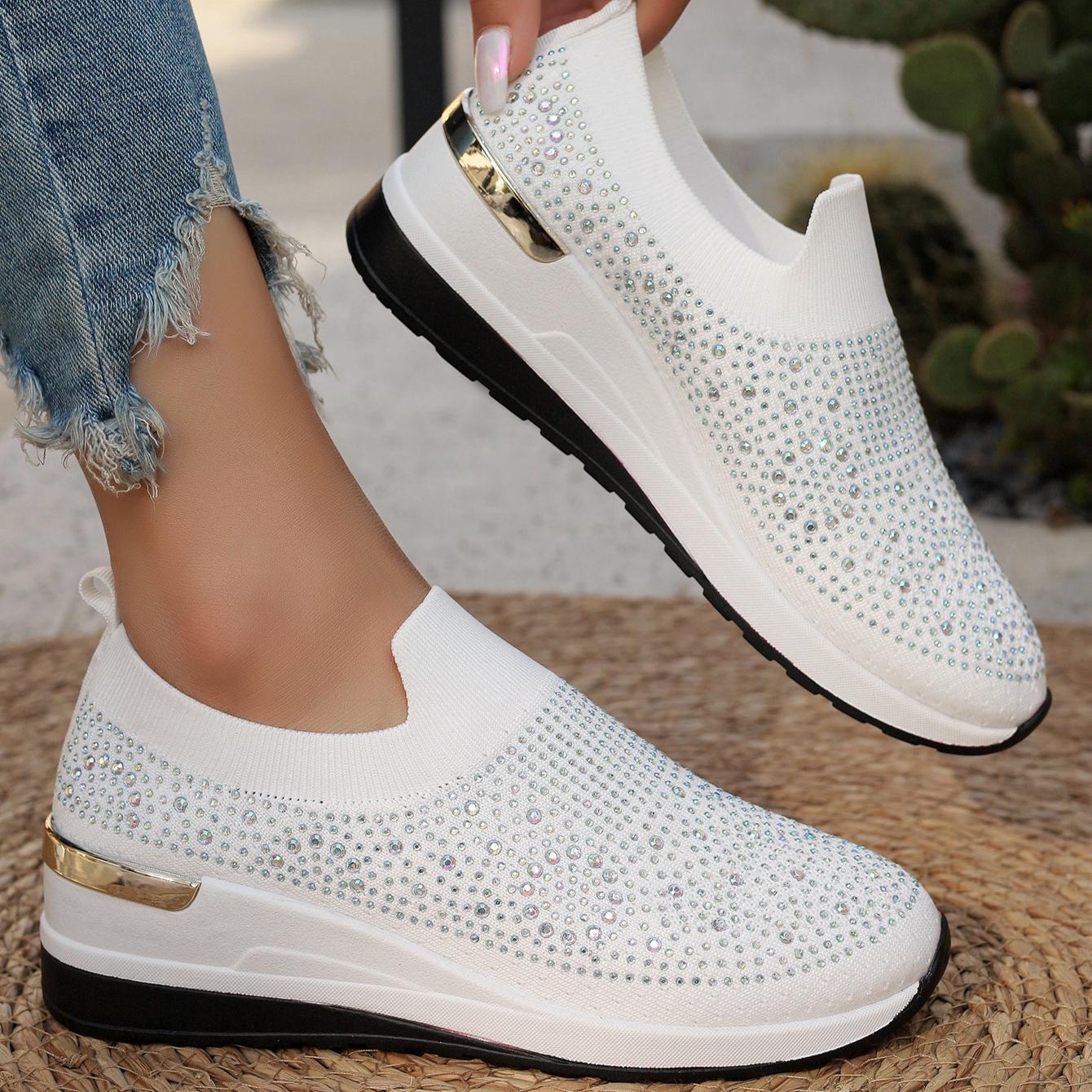 

Большие размеры, повседневная спортивная обувь для пар со стразами и мушкой, 2024 г., новые дышащие легкие женские туфли 44 белый