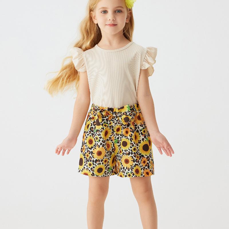 Girls Fashion Cute Solid Color Top Sunflower Printed Shorts Two-piece Set 2025 Summer Children's Casual Set