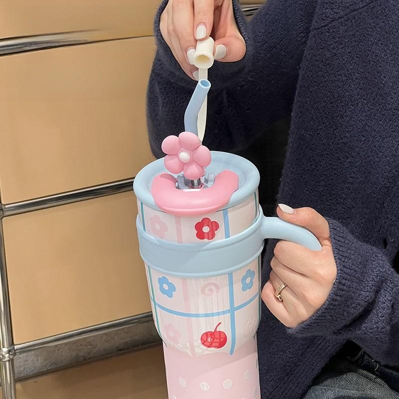 Cute Cartoon Insulated Travel Mug With Handle For Office And Outdoor Use