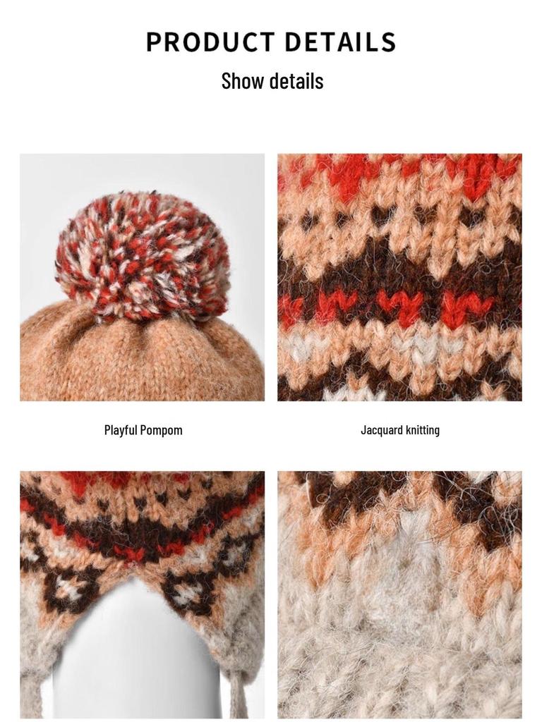 Women's Fair Isle Pompom Knitted Hat - Retro Jacquard Wool with Ear Protection for Winter Warmth