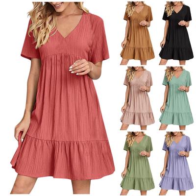 Damen Casual Sexy Einfarbig V-ausschnitt Lose Patchwork Kurzarm Kleid