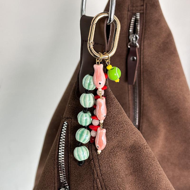 Travel Use Fish Keychain 1Pcs Bag Charm Ceramic Watermelon Beaded Tennis Pendant Portable Luggage Pendant Decor for Women