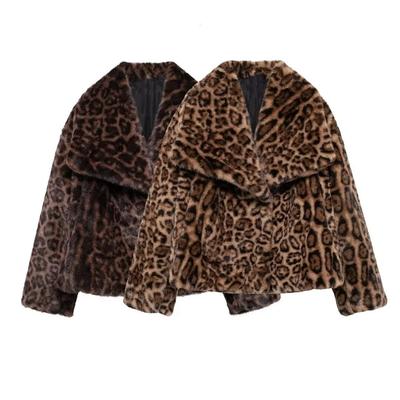 Women Winter Fashion Lazy Style Animal Print Faux Fur Warm Coat All-match Long Sleeve Lapel Coat Outerwear