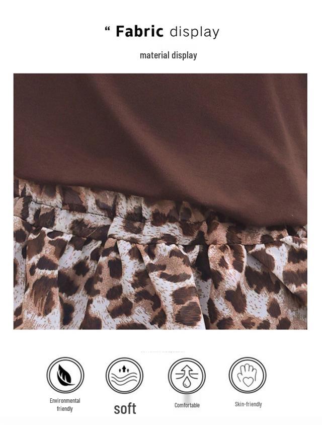 2026 Girls' Leopard Print Two-Piece Set: Short-Sleeved Top & Pleated Skirt