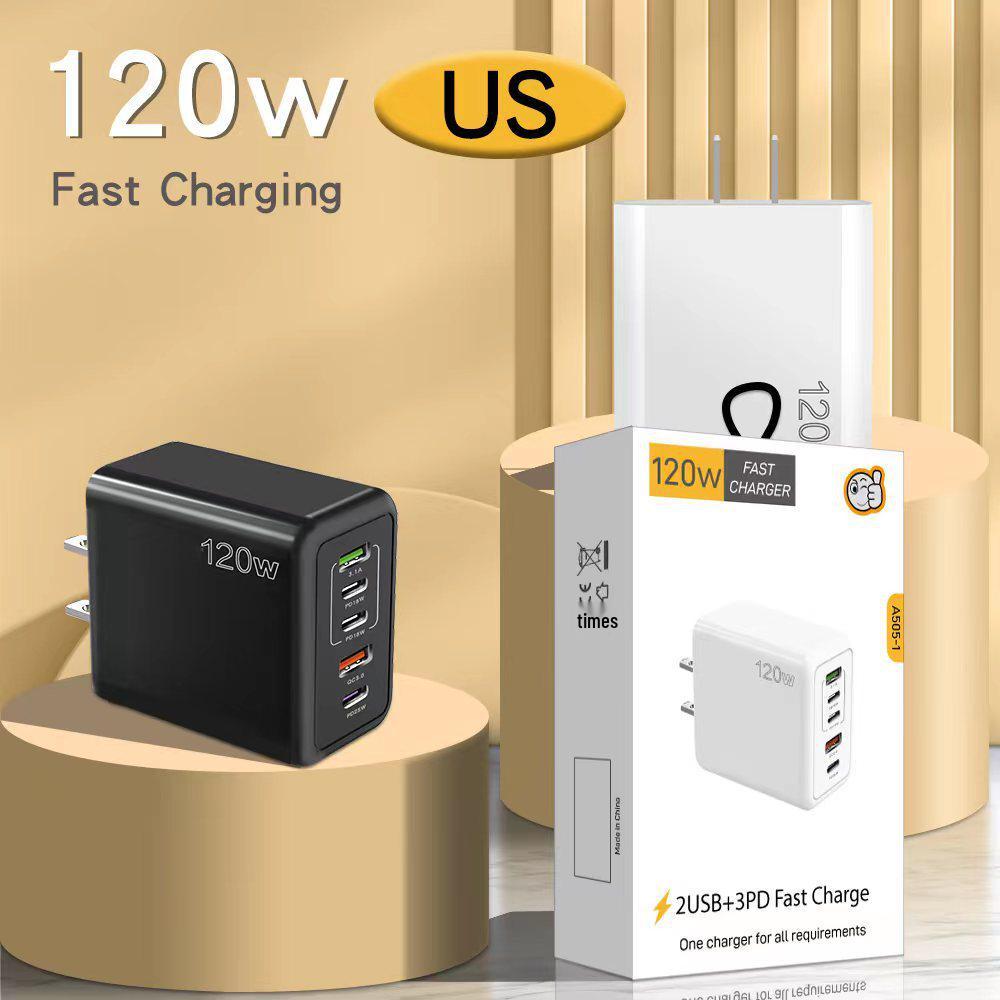 120W Multi-Port Fast Charger, PD+USB, Type-C, EU/US/UK Plug, Compatible with Apple Devices.