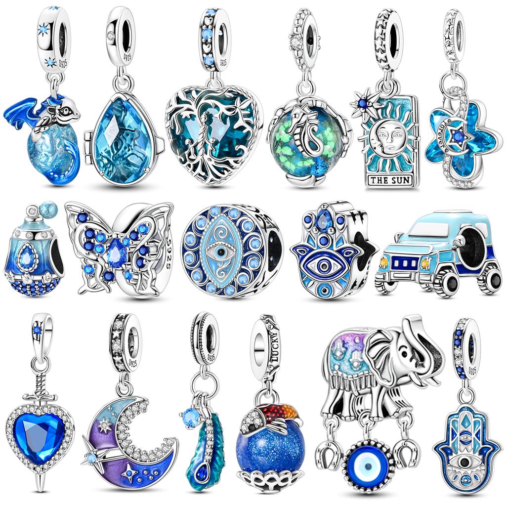 Copper Blue Ocean Charms Bead Inlaid Zirconium Heart Moon Palm Eye Pendants Fit Bangle Bracelet Diy Jewelry Marking