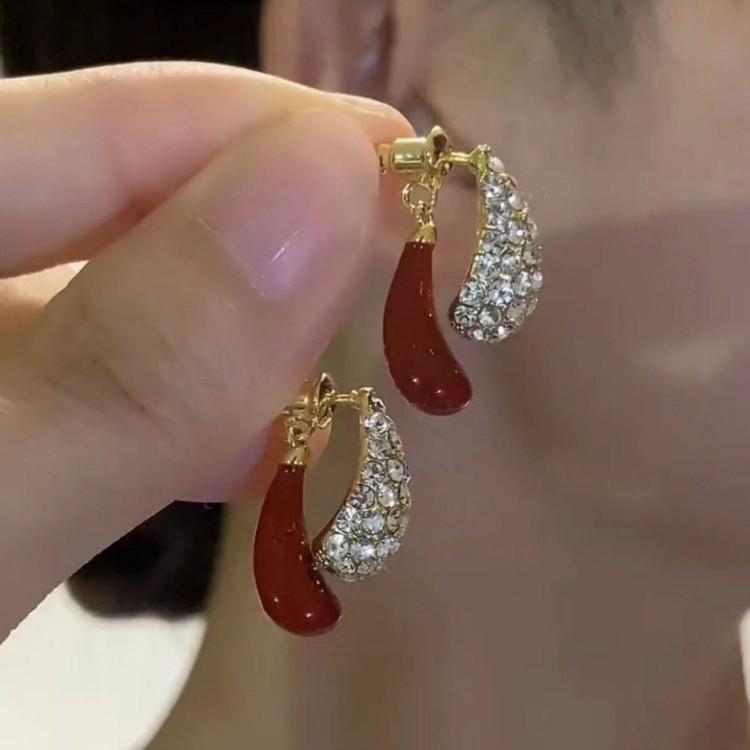 Elegant Red Enamel Water Drop Earrings with Diamonds