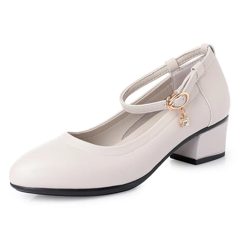 

4,5 см Удобные туфли из мягкой кожи с неглубоким вырезом Женские туфли-лодочки на платформе 2025 Осень Туфли на среднем блочном каблуке для работы в офисе Мама 42