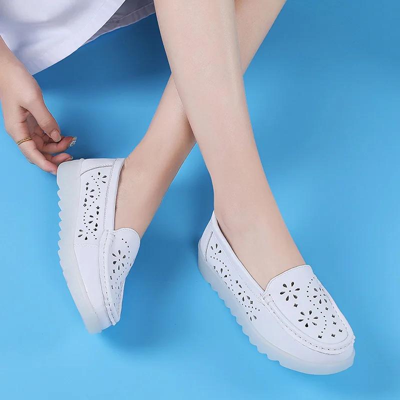Genuine Leather Women Flats Fashion Casual Women Shoes Hollow Women's Shoes Slip On Flat Shoes2025 Plus Size Zapatos Mujer